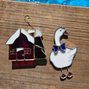 2 Vintage Tiffany Collectors Society Stained Glass Suncatchers Goose & Cottage